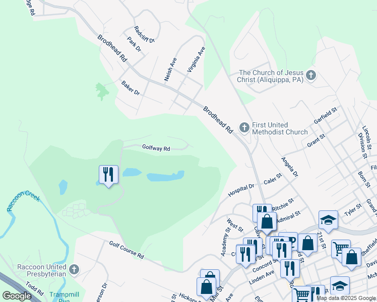map of restaurants, bars, coffee shops, grocery stores, and more near 2032 Golfway Drive in Aliquippa