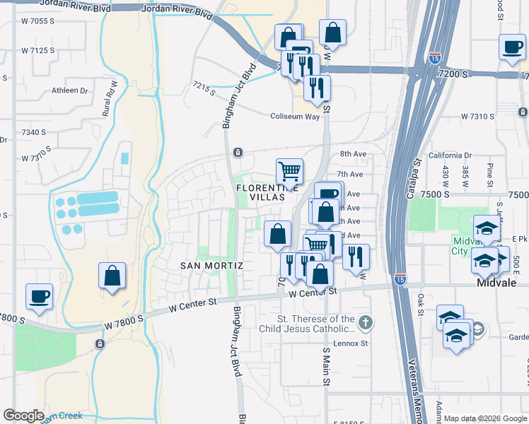 map of restaurants, bars, coffee shops, grocery stores, and more near 7534 Russi Place in Midvale
