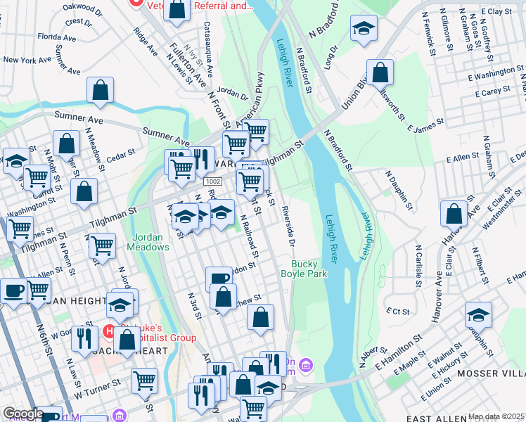 map of restaurants, bars, coffee shops, grocery stores, and more near 513 North Front Street in Allentown
