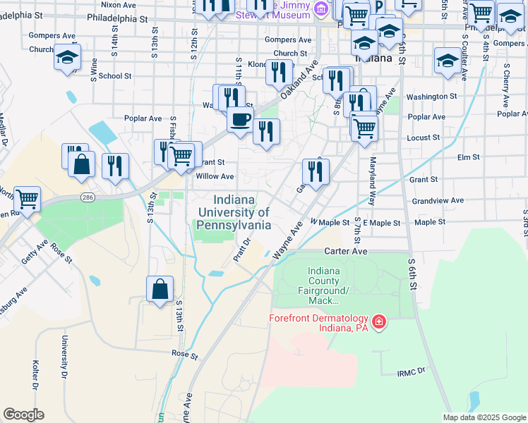 map of restaurants, bars, coffee shops, grocery stores, and more near 601 Pratt Drive in Indiana