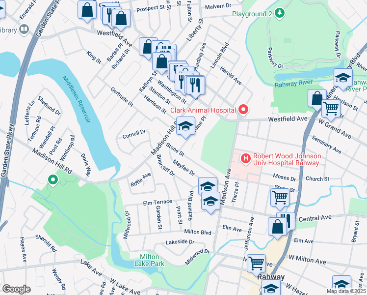 map of restaurants, bars, coffee shops, grocery stores, and more near 1191 Stone Street in Rahway
