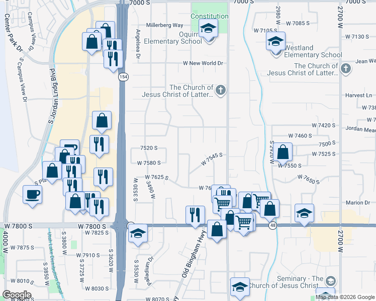 map of restaurants, bars, coffee shops, grocery stores, and more near 7529 Springbrook Drive in West Jordan