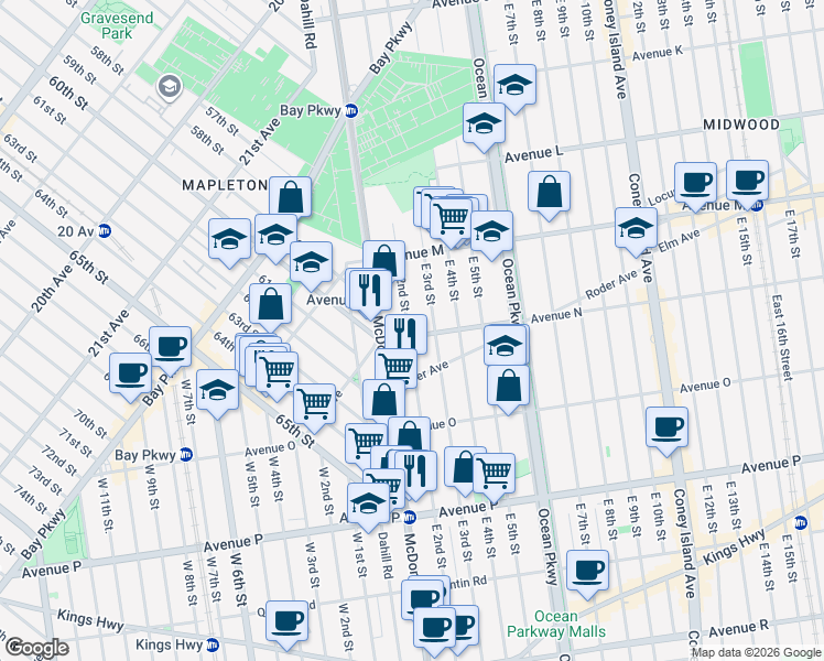 map of restaurants, bars, coffee shops, grocery stores, and more near 1447 East 2nd Street in Brooklyn