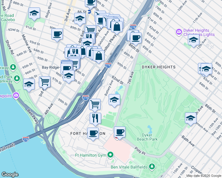 map of restaurants, bars, coffee shops, grocery stores, and more near 215 Battery Avenue in Brooklyn