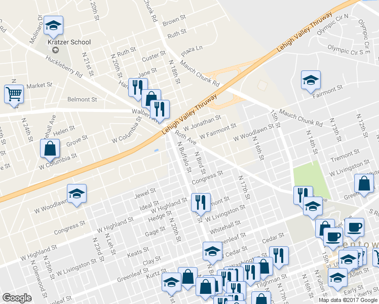 map of restaurants, bars, coffee shops, grocery stores, and more near 1827 West Woodlawn Street in Allentown
