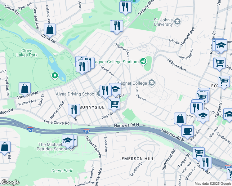 map of restaurants, bars, coffee shops, grocery stores, and more near 40 Sunnyside Terrace in Staten Island