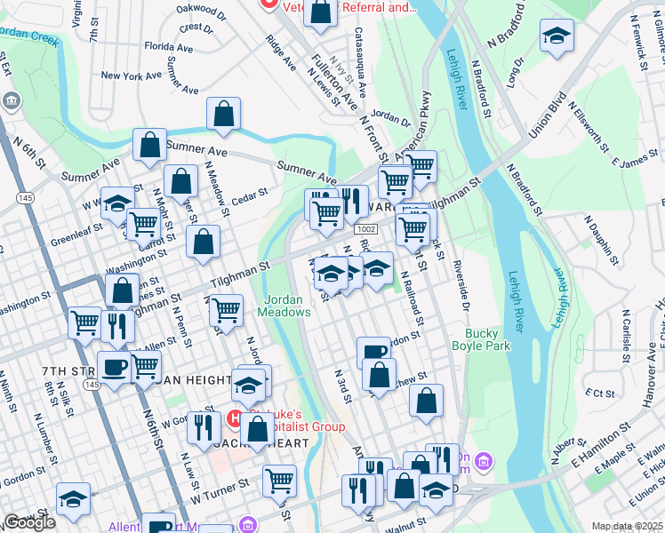 map of restaurants, bars, coffee shops, grocery stores, and more near 615 North 2nd Street in Allentown