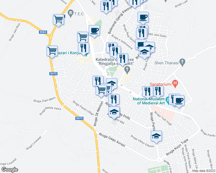 map of restaurants, bars, coffee shops, grocery stores, and more near Rruga 6 Deshmoret in Korçë