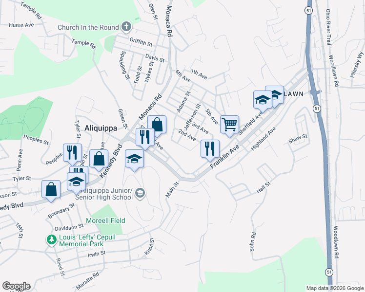 map of restaurants, bars, coffee shops, grocery stores, and more near 109 1st Avenue in Aliquippa