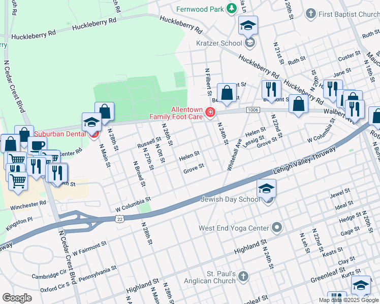map of restaurants, bars, coffee shops, grocery stores, and more near 2522 Helen Street in Allentown