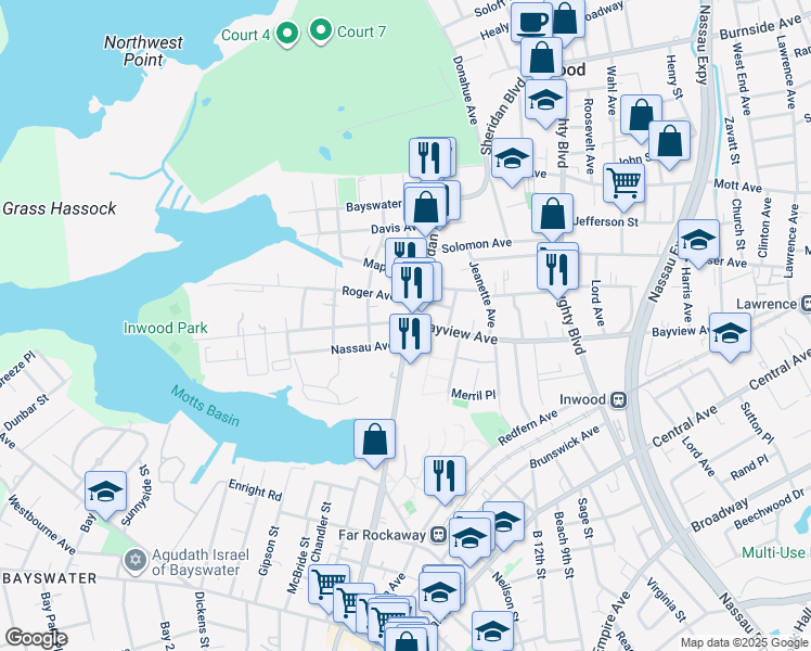 map of restaurants, bars, coffee shops, grocery stores, and more near 38 Nassau Avenue in Inwood