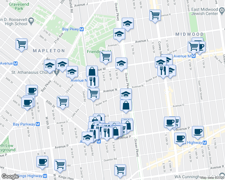 map of restaurants, bars, coffee shops, grocery stores, and more near E 4th St & Avenue N in Brooklyn