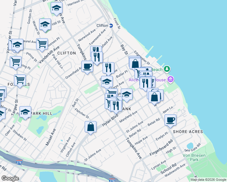 map of restaurants, bars, coffee shops, grocery stores, and more near 132 Saint Marys Avenue in Staten Island