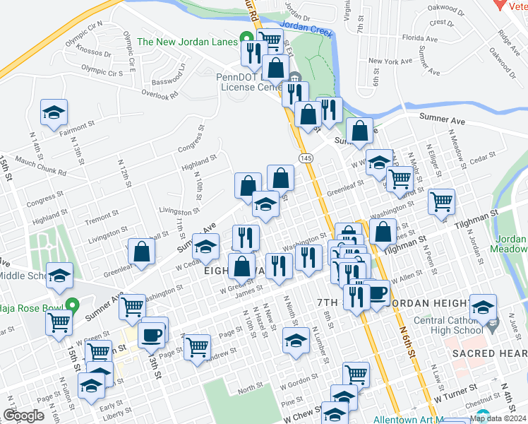 map of restaurants, bars, coffee shops, grocery stores, and more near 849 Greenleaf Street in Allentown