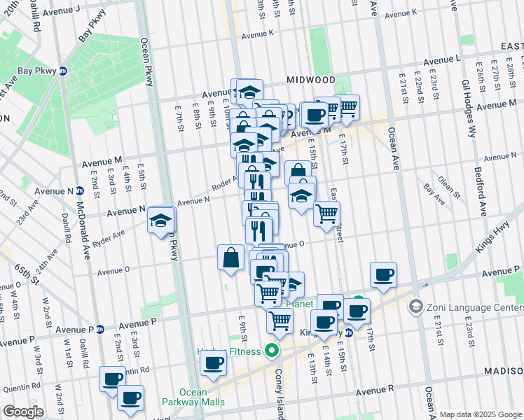 map of restaurants, bars, coffee shops, grocery stores, and more near 1781 Coney Island Avenue in Brooklyn