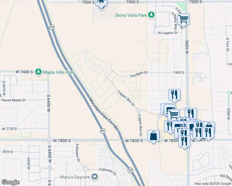 map of restaurants, bars, coffee shops, grocery stores, and more near 7529 South Topaz Sky Lane in West Jordan