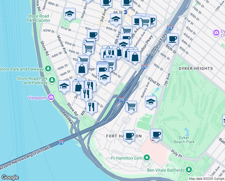 map of restaurants, bars, coffee shops, grocery stores, and more near 9515 Fort Hamilton Parkway in Brooklyn
