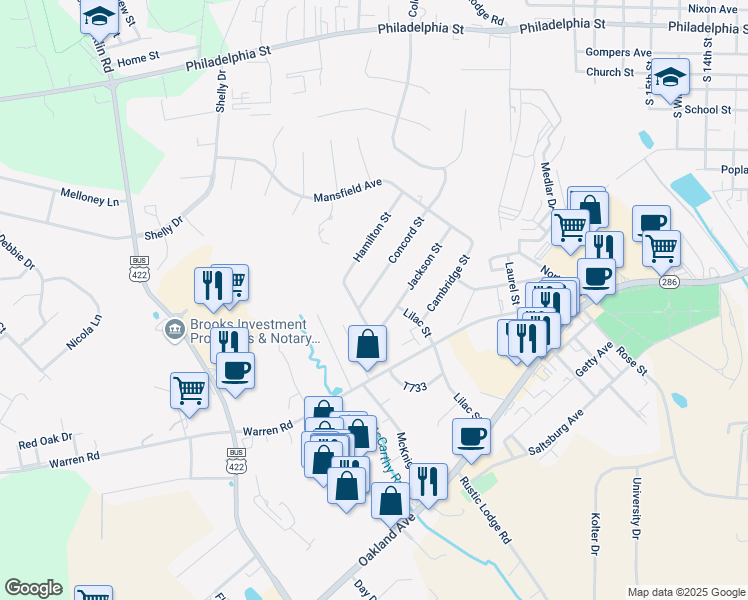 map of restaurants, bars, coffee shops, grocery stores, and more near 15 Windsor Street in Indiana
