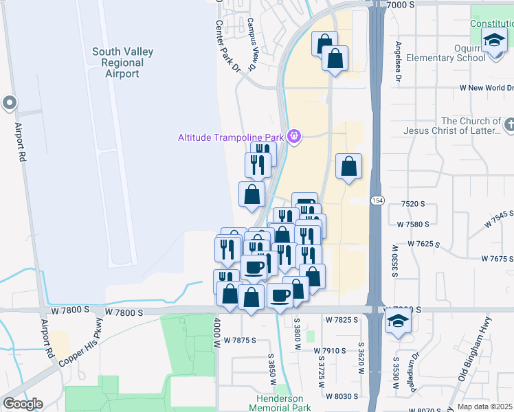 map of restaurants, bars, coffee shops, grocery stores, and more near 7555 Center View Court in West Jordan
