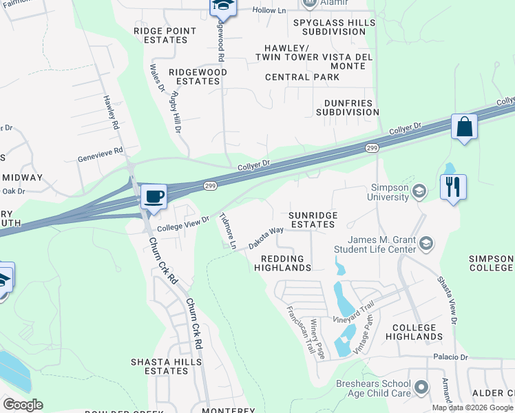 map of restaurants, bars, coffee shops, grocery stores, and more near 1571 College View Drive in Redding