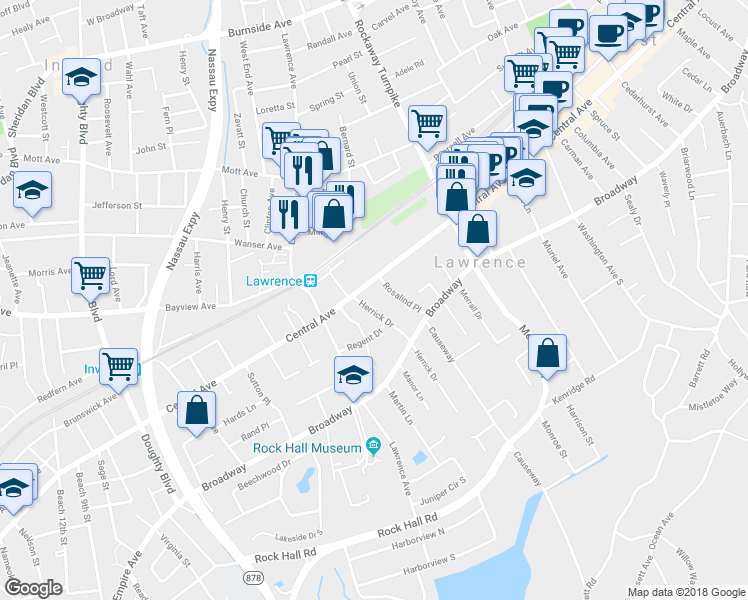 map of restaurants, bars, coffee shops, grocery stores, and more near 7 Herrick Drive in Lawrence