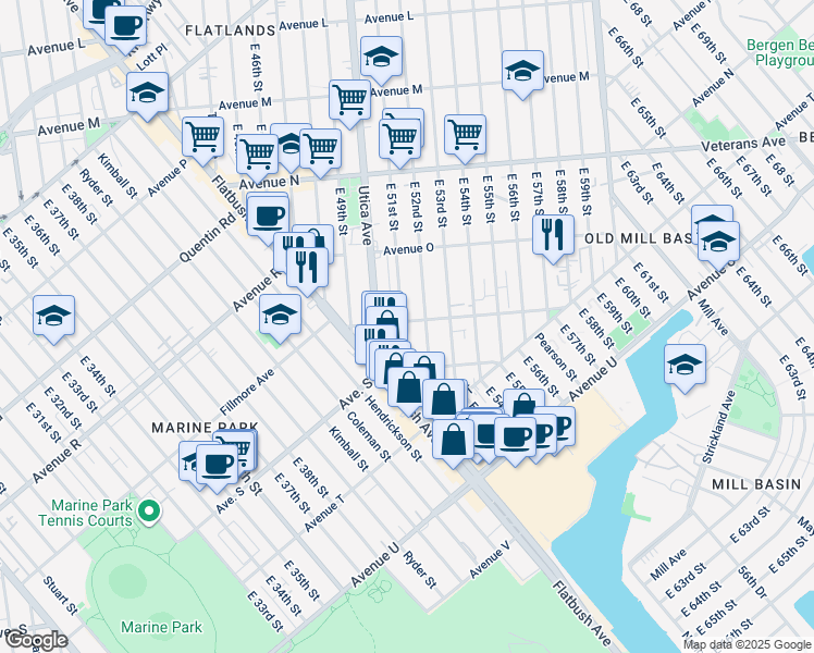 map of restaurants, bars, coffee shops, grocery stores, and more near 1852 East 52nd Street in Brooklyn