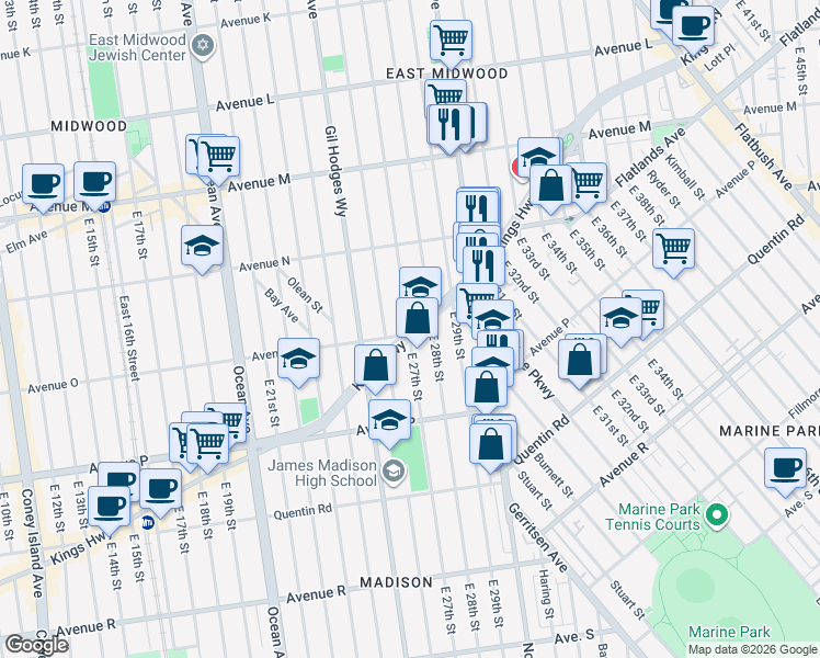 map of restaurants, bars, coffee shops, grocery stores, and more near 2702 Kings Highway in Brooklyn