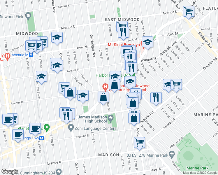 map of restaurants, bars, coffee shops, grocery stores, and more near 2500-2598 Avenue O in Brooklyn