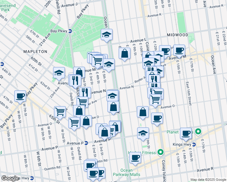 map of restaurants, bars, coffee shops, grocery stores, and more near 512 Ryder Avenue in Brooklyn