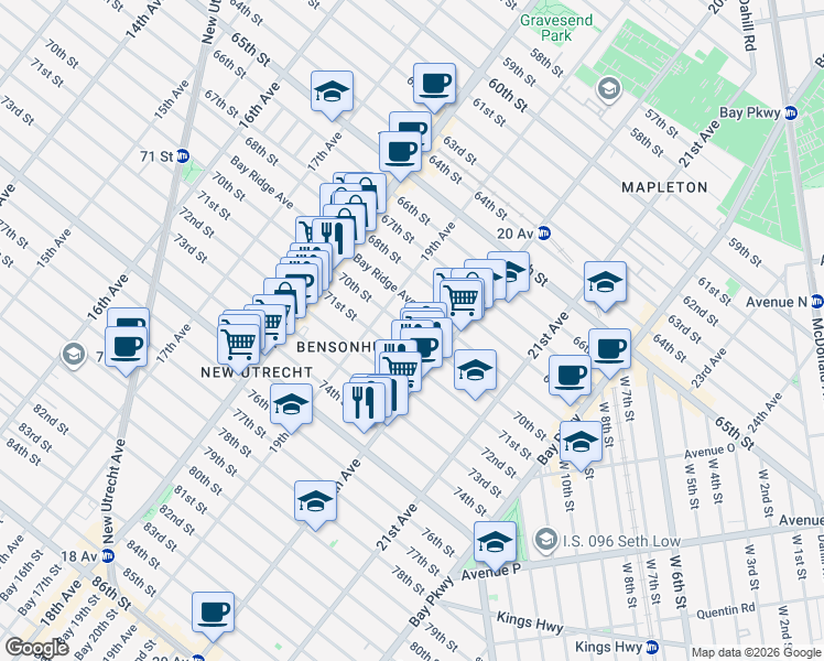 map of restaurants, bars, coffee shops, grocery stores, and more near 1937 71st Street in Brooklyn