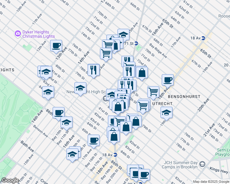 map of restaurants, bars, coffee shops, grocery stores, and more near 1615 79th Street in Brooklyn
