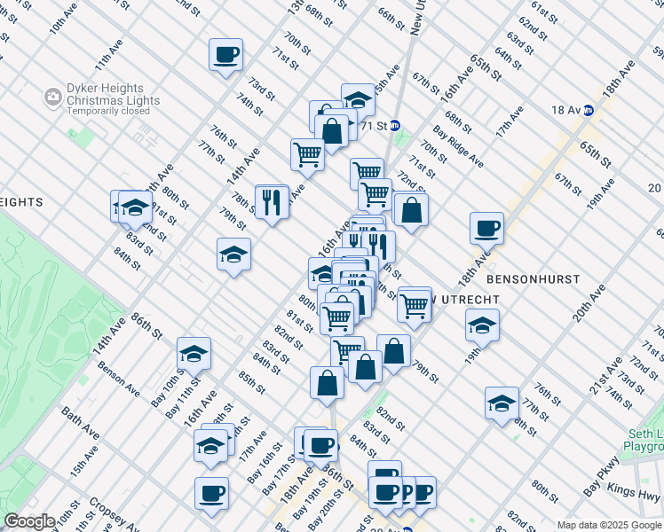map of restaurants, bars, coffee shops, grocery stores, and more near 1615 79th Street in Brooklyn