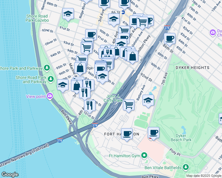 map of restaurants, bars, coffee shops, grocery stores, and more near 9515 Fort Hamilton Parkway in Brooklyn
