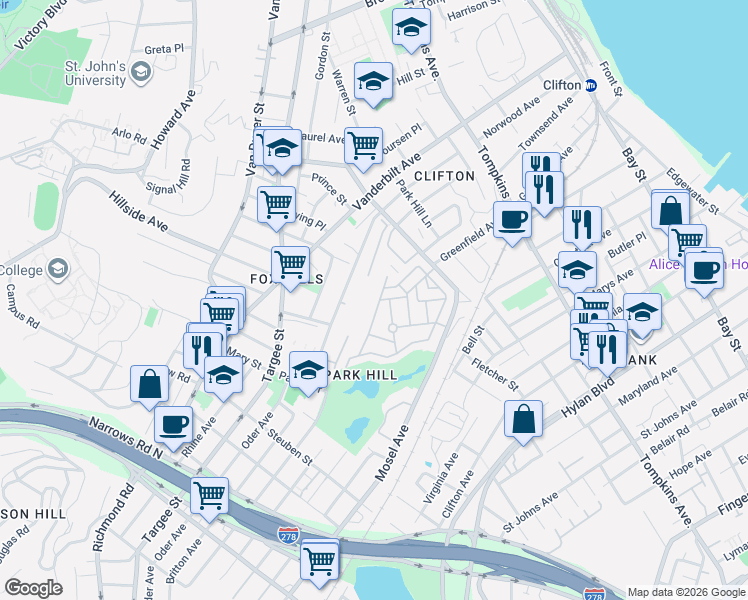 map of restaurants, bars, coffee shops, grocery stores, and more near 91 Long Pond Lane in Staten Island