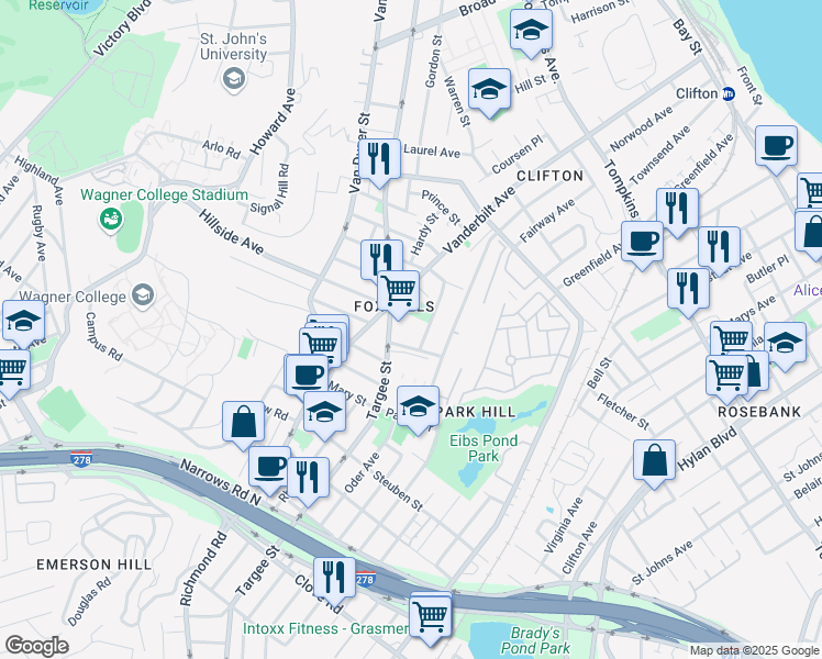 map of restaurants, bars, coffee shops, grocery stores, and more near 55 Bowen Street in Staten Island