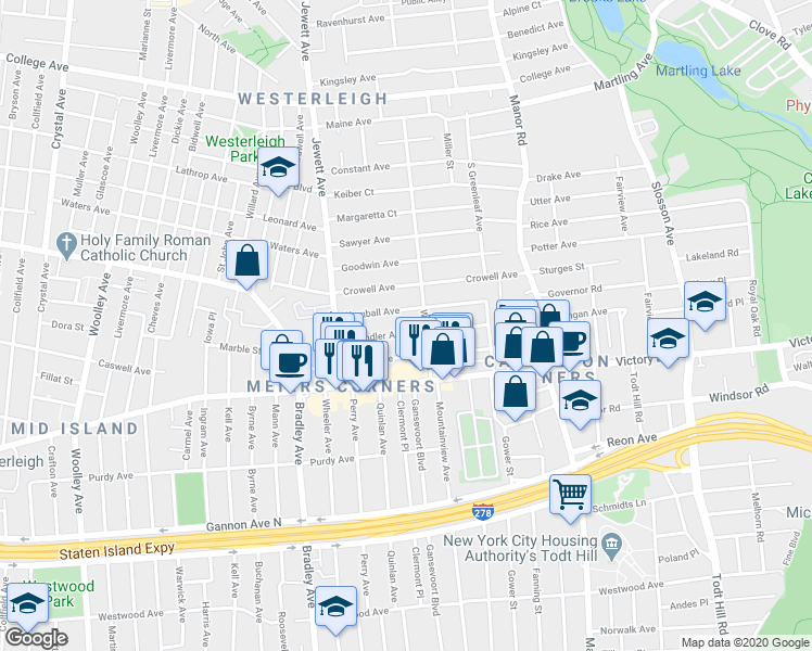 map of restaurants, bars, coffee shops, grocery stores, and more near 166 Chandler Avenue in Staten Island