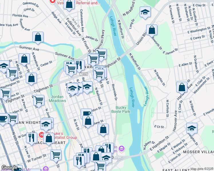 map of restaurants, bars, coffee shops, grocery stores, and more near 513 North Front Street in Allentown