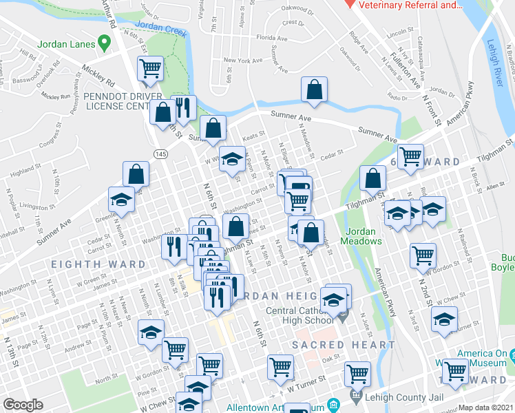 map of restaurants, bars, coffee shops, grocery stores, and more near 737 North 5th Street in Allentown