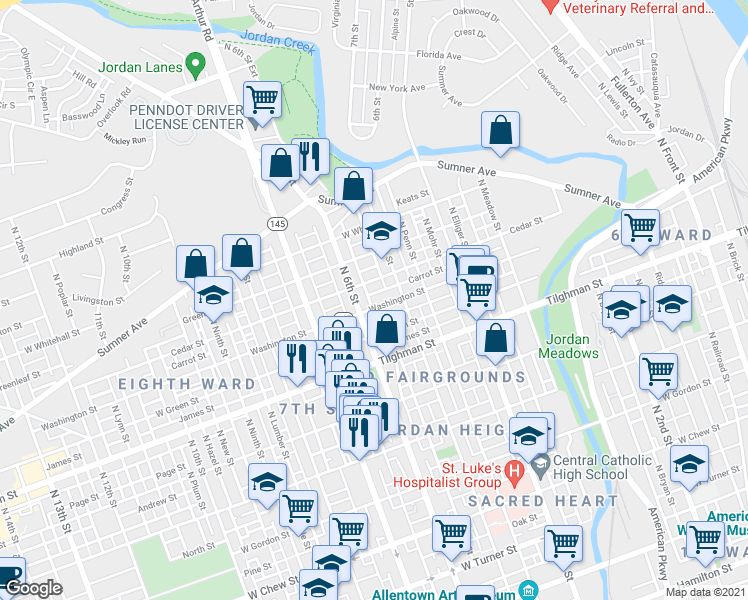 map of restaurants, bars, coffee shops, grocery stores, and more near 522 West Washington Street in Allentown