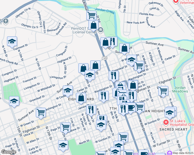 map of restaurants, bars, coffee shops, grocery stores, and more near 841 North Lumber Street in Allentown