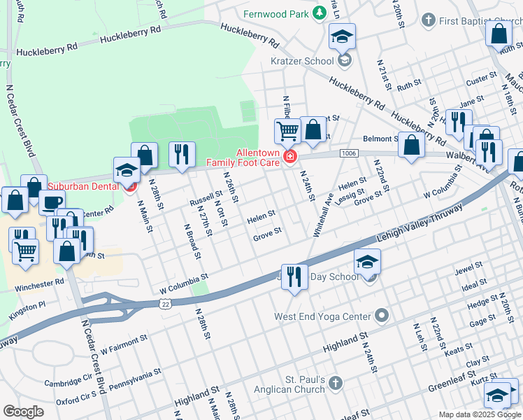 map of restaurants, bars, coffee shops, grocery stores, and more near 2522 Helen Street in Allentown