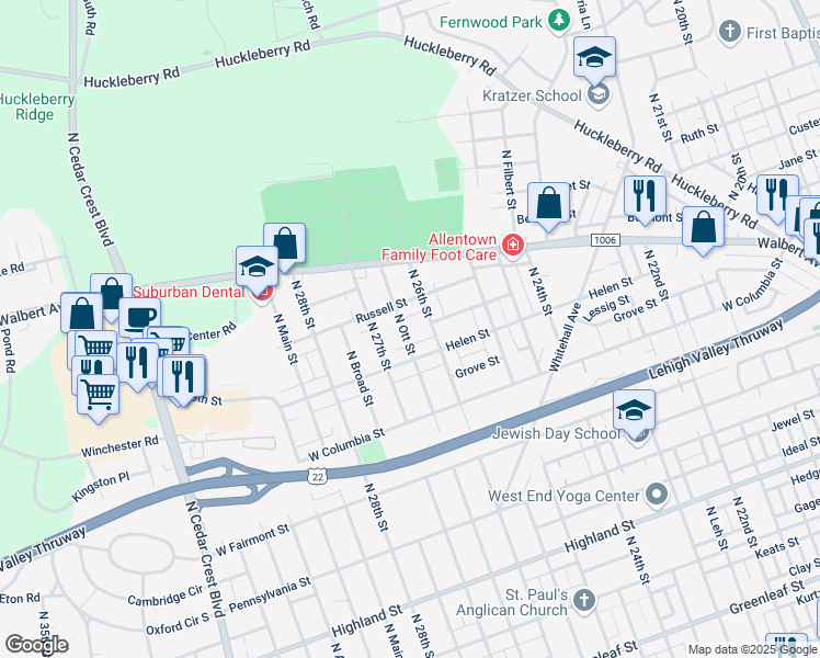 map of restaurants, bars, coffee shops, grocery stores, and more near 1516 North Ott Street in Allentown