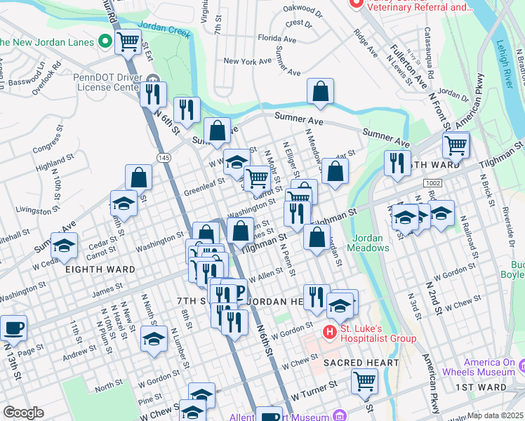 map of restaurants, bars, coffee shops, grocery stores, and more near 450 Washington Street in Allentown