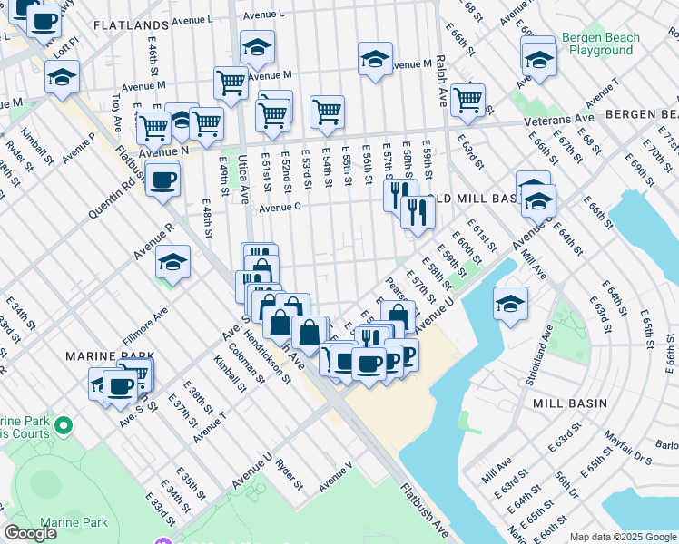 map of restaurants, bars, coffee shops, grocery stores, and more near 1821 East 53rd Street in Brooklyn