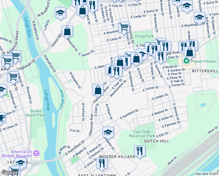 map of restaurants, bars, coffee shops, grocery stores, and more near 642 Hanover Avenue in Allentown