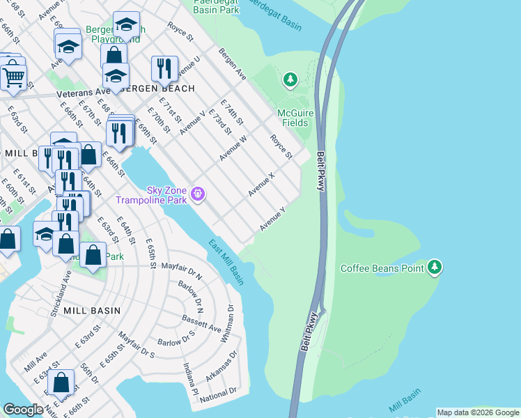 map of restaurants, bars, coffee shops, grocery stores, and more near 7105 Avenue Y in Brooklyn