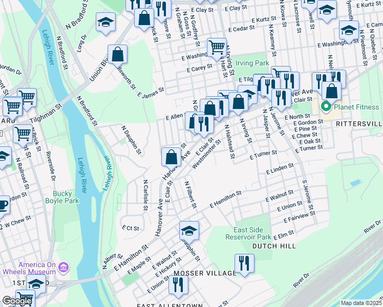 map of restaurants, bars, coffee shops, grocery stores, and more near 642 Hanover Avenue in Allentown