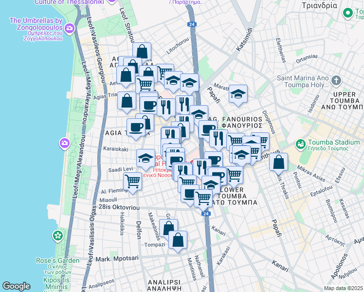 map of restaurants, bars, coffee shops, grocery stores, and more near in Thessaloniki