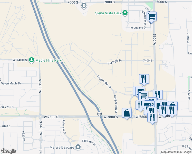 map of restaurants, bars, coffee shops, grocery stores, and more near 7529 South Topaz Sky Lane in West Jordan