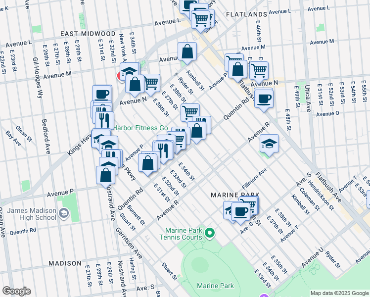 map of restaurants, bars, coffee shops, grocery stores, and more near 3415 Quentin Road in Brooklyn